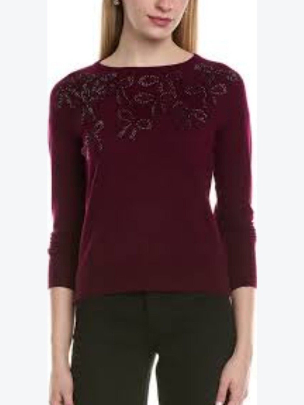 Sofia Cashmere Bow Embellishment Wool & Cashmere-Blend Burgundy Sweater, Size M